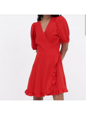 Women's Zara Red Wrap Mini Dress with Ruffles XL